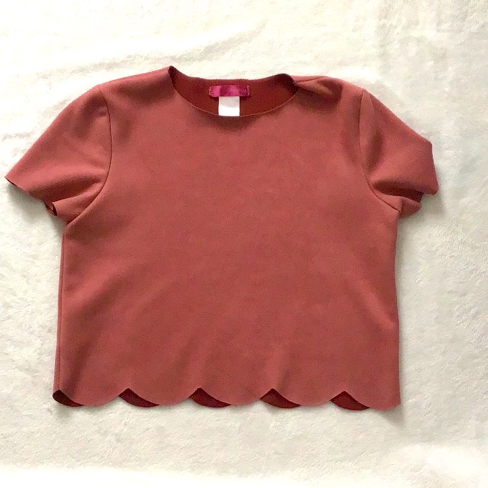 Aqua Dressy Crop Top Scalloped Hem Salmon Pink